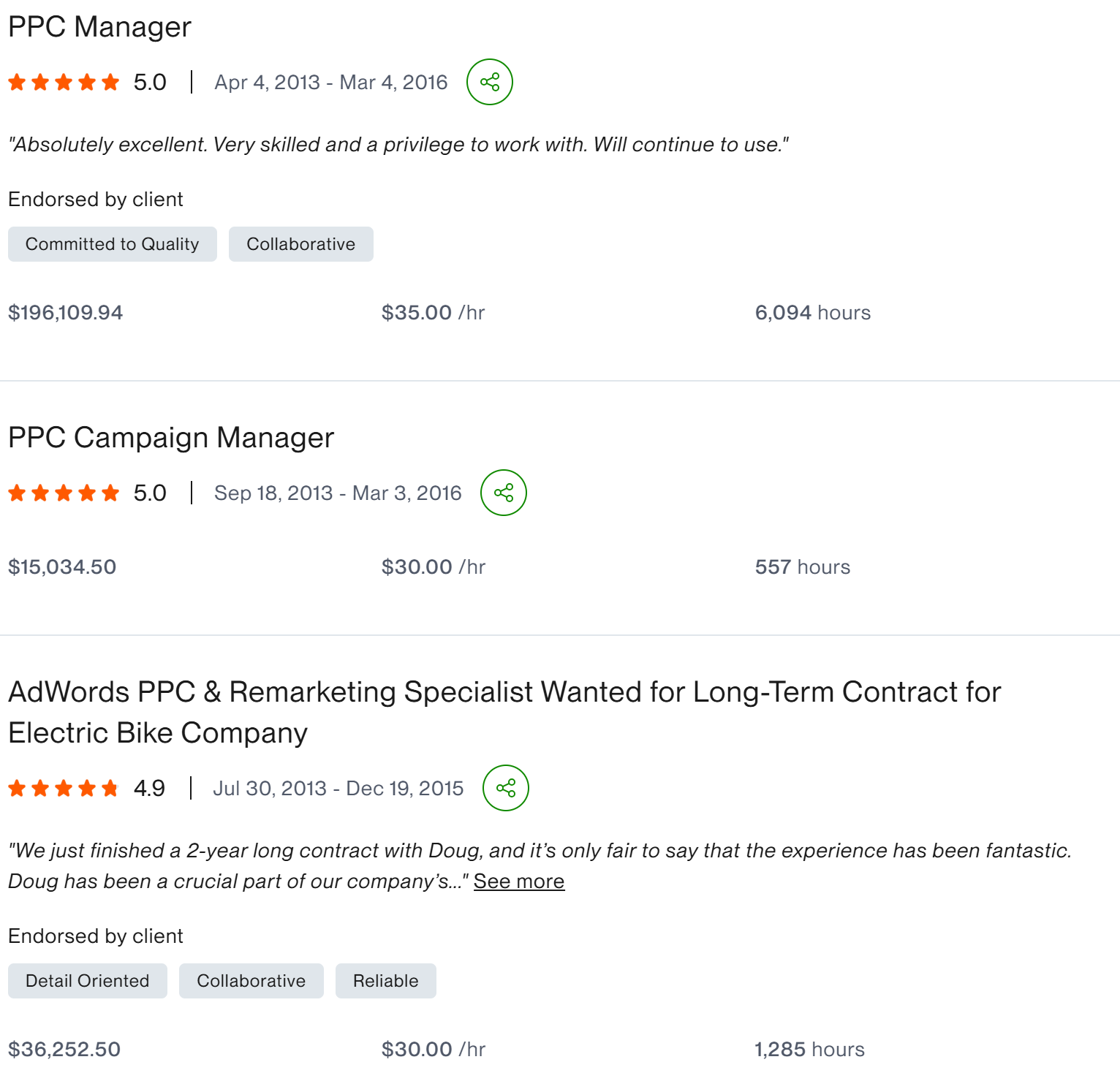 PPC optimization five star long-term campaign management client result