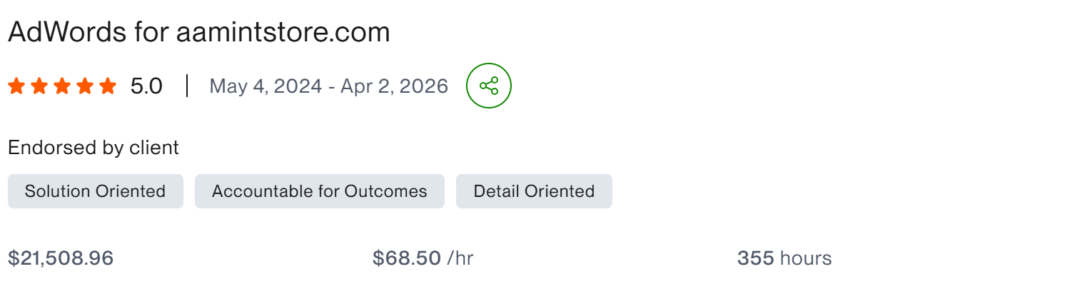 AdWords for aamintstore.com — 5.0, $21,508.96, 355 hrs