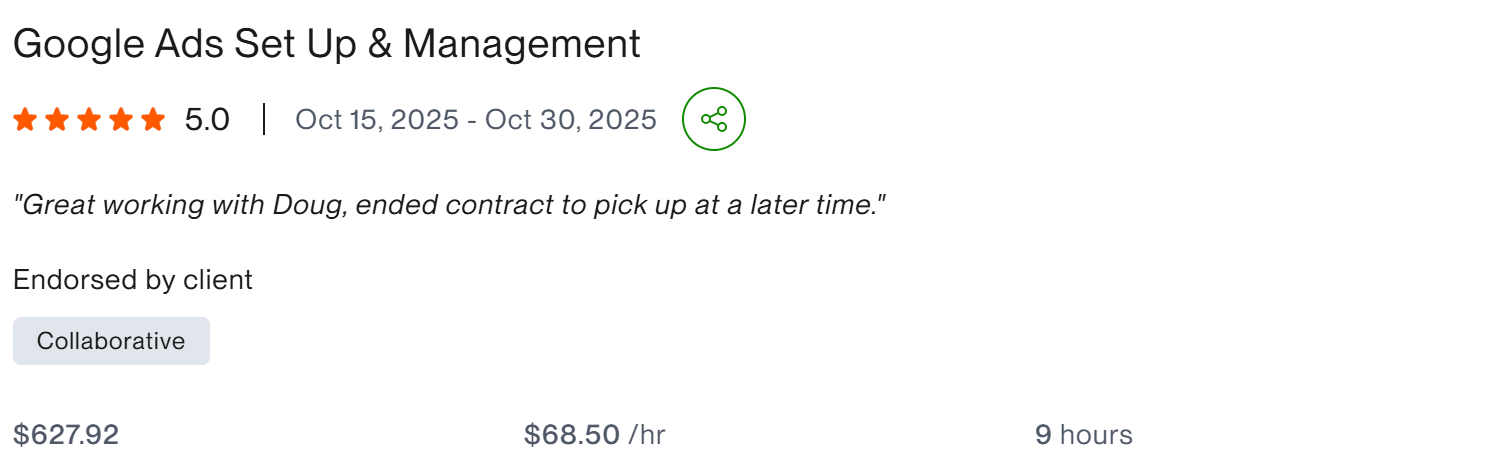 Google Ads: Assess, clean and renovate account — 4.0, $25,561.95, 373 hrs