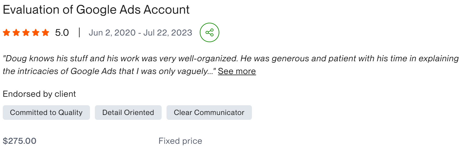 Evaluation of Google Ads Account five star client result