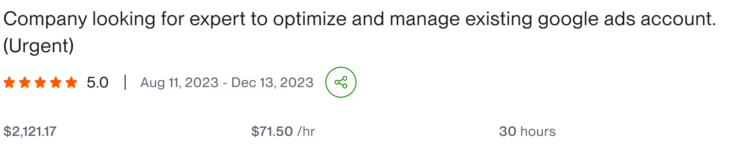 Company looking for expert to optimize and manage Google Ads account - client result