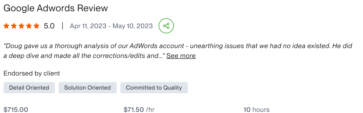 Google Adwords Review five star client result
