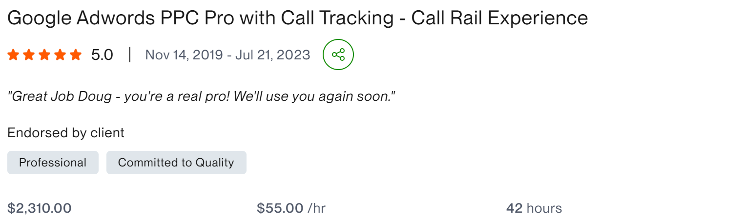 Google Adwords PPC Pro with Call Tracking CallRail - client result