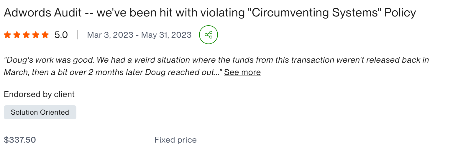 Adwords Audit Circumventing Systems Policy - client result