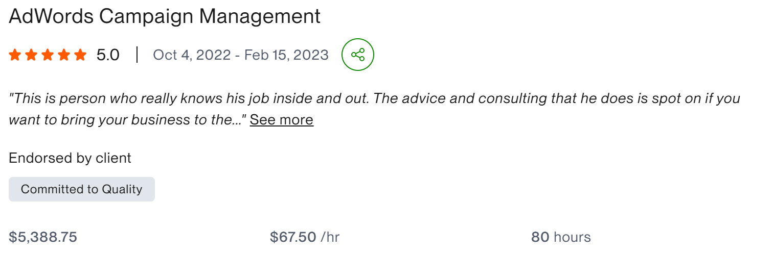 AdWords Campaign Management 5.0 five star client result