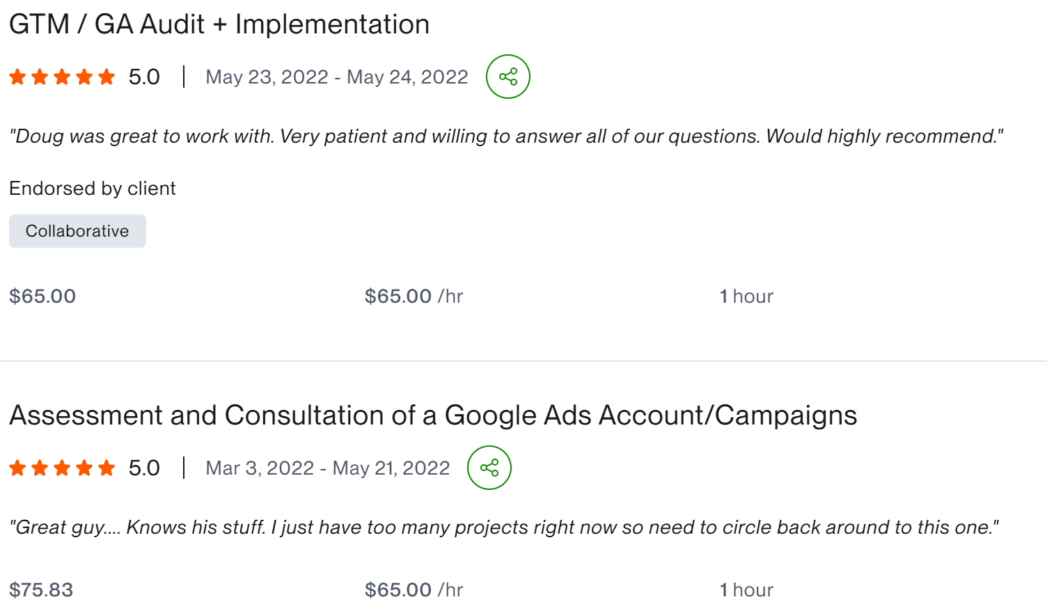 GTM GA Audit Implementation and Google Ads Account Consultation five star client result