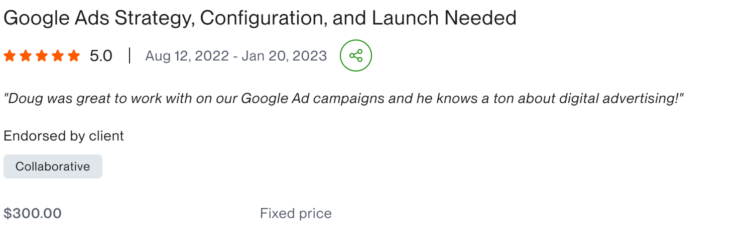 Google Ads Strategy Configuration and Launch five star client result