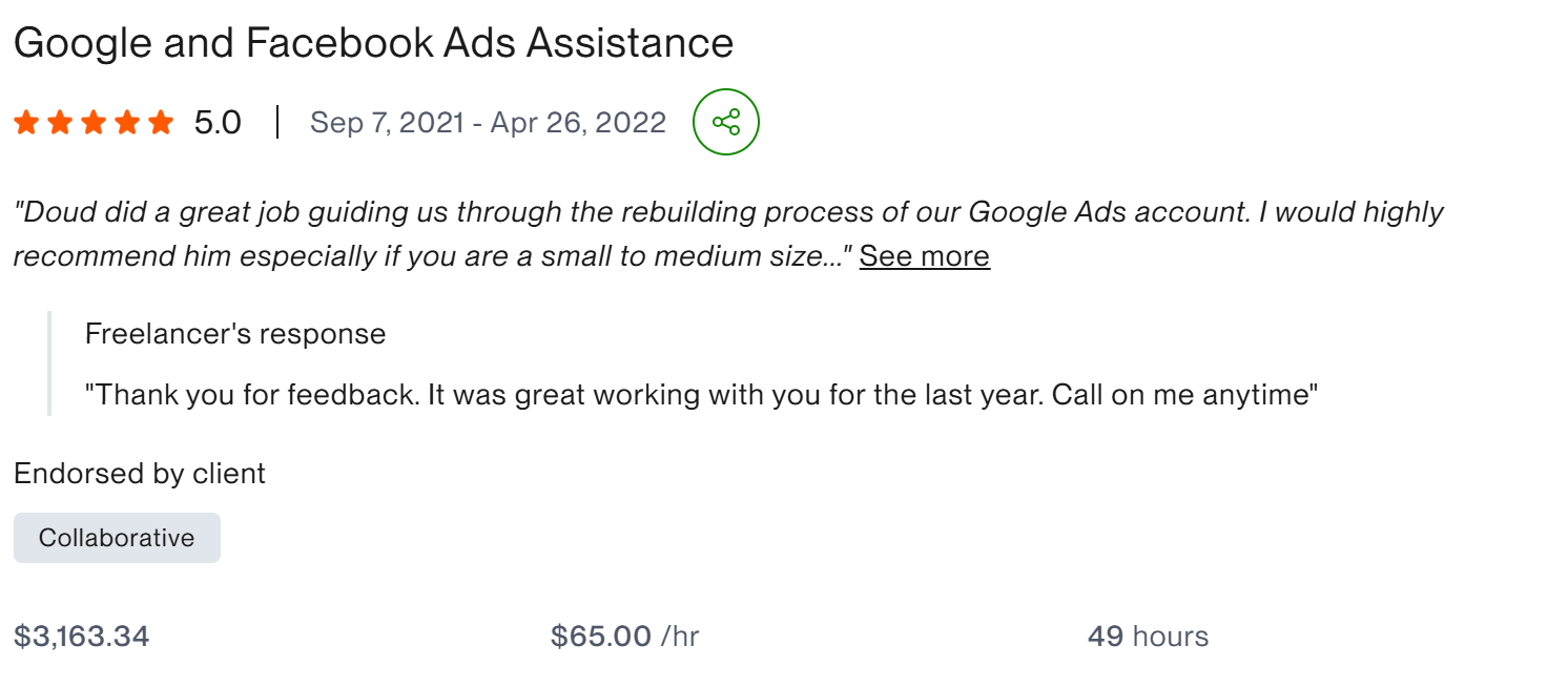 Google and Facebook Ads Assistance collaborative five star client result