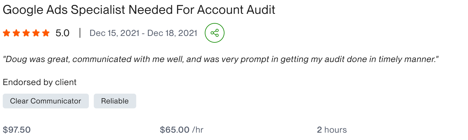 Google Ads Specialist Needed For Account Audit five star client result