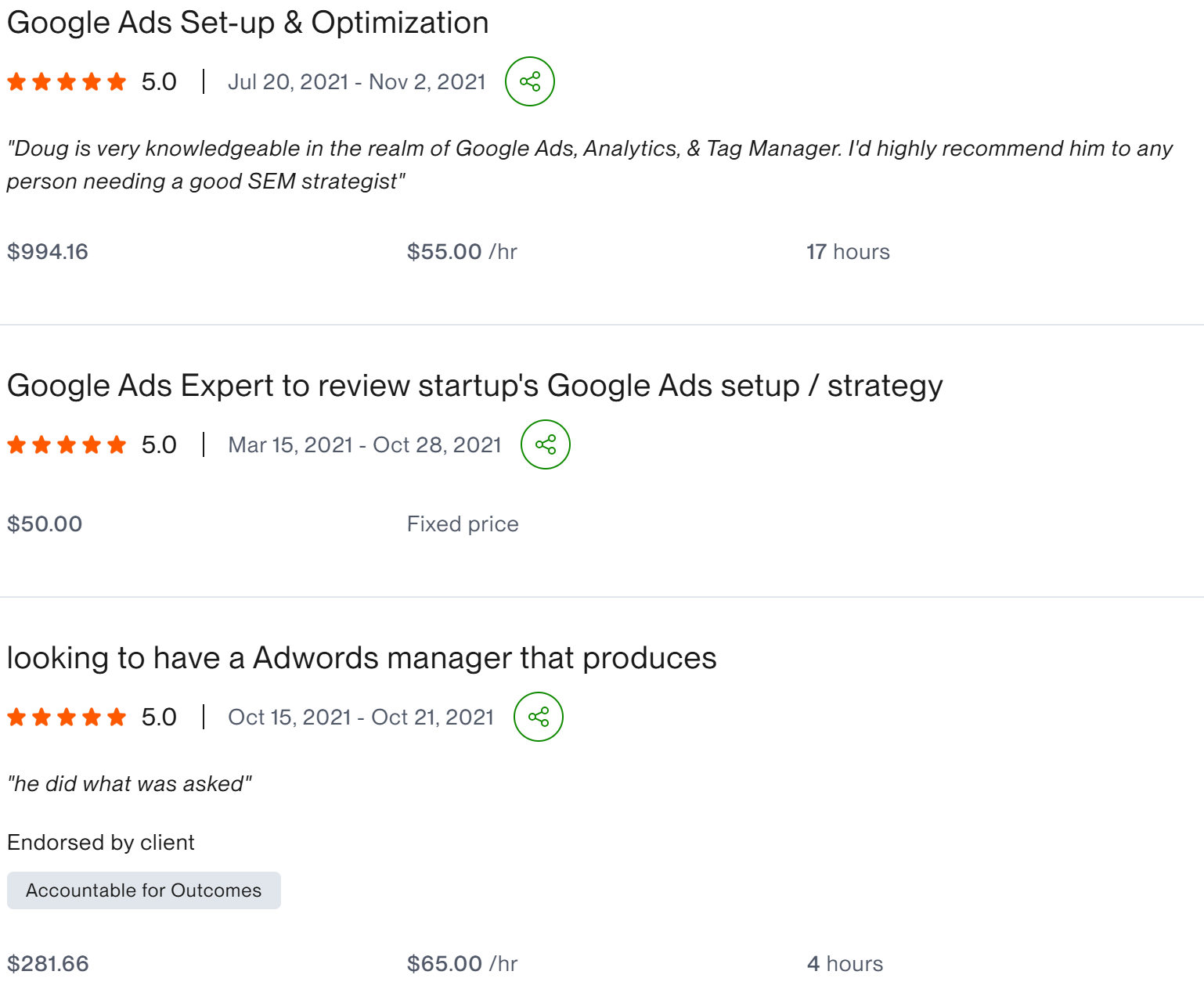 Google Ads Set-up Optimization five star client result
