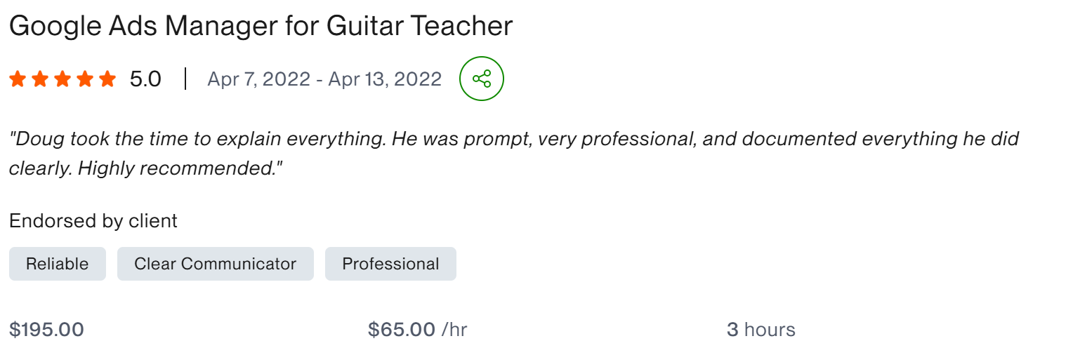 Google Ads Manager for Guitar Teacher reliable professional five star client result