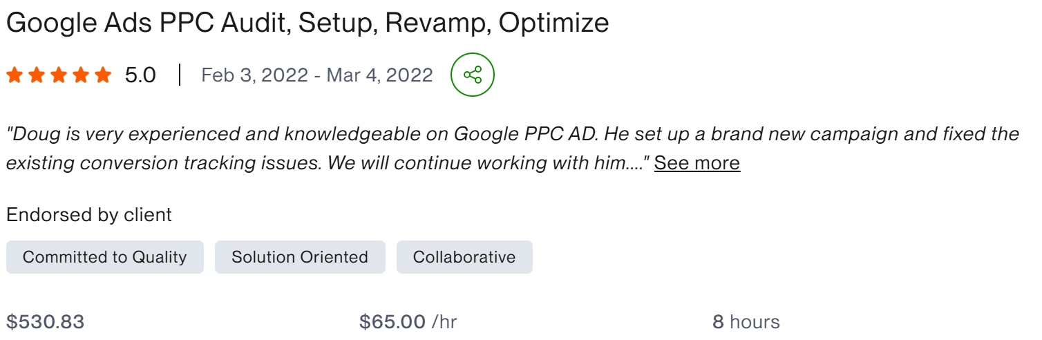 Google Ads PPC Audit Setup Revamp Optimize five star client result